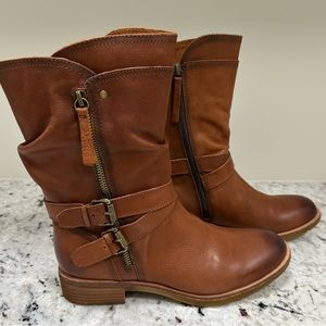 Moto-Style Leather Boots, Whiskey, Size 8.5